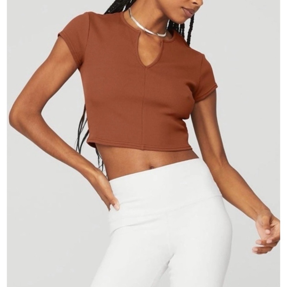 ALO Yoga Rust Savvy Cropped Ribbed Short Sleeve Top